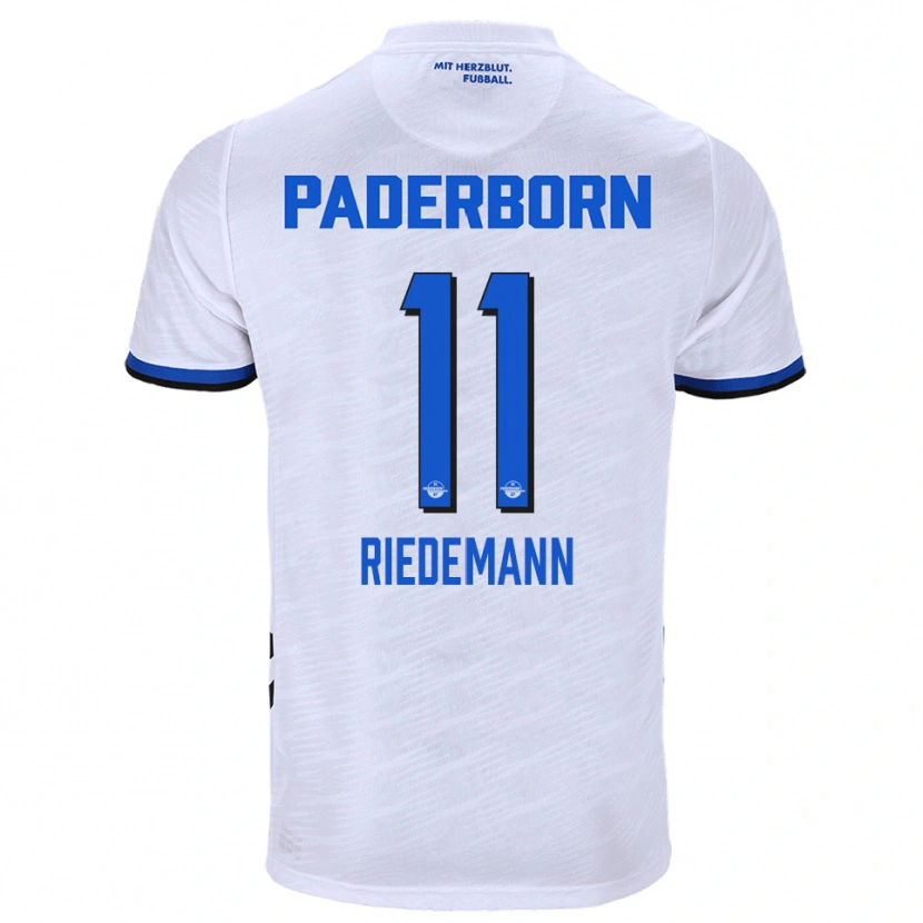 Danxen Enfant Maillot Max Riedemann #11 Blanc Bleu Tenues Extérieur 2025/26 T-Shirt