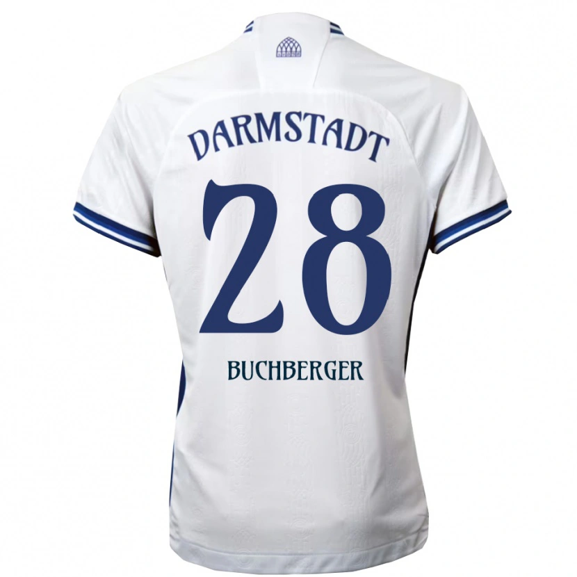 Danxen Enfant Maillot Jonas Buchberger #28 Blanc Bleu Tenues Extérieur 2025/26 T-Shirt