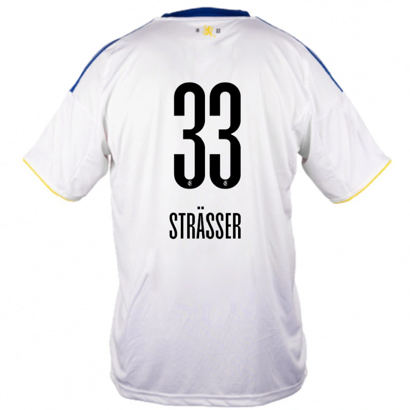 Danxen Enfant Maillot Jannick Strässer #33 Blanc Bleu Jaune Tenues Extérieur 2025/26 T-Shirt