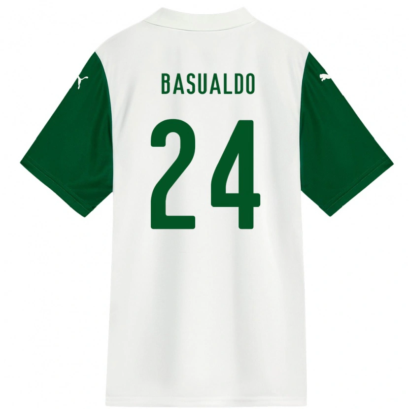 Danxen Homme Maillot Luis Basualdo #24 Blanc Vert Tenues Extérieur 2025/26 T-Shirt