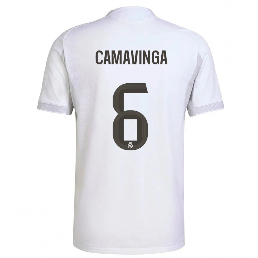 Danxen Enfant Maillot Eduardo Camavinga #6 Blanc Jaune Tenues Domicile 2025/26 T-Shirt
