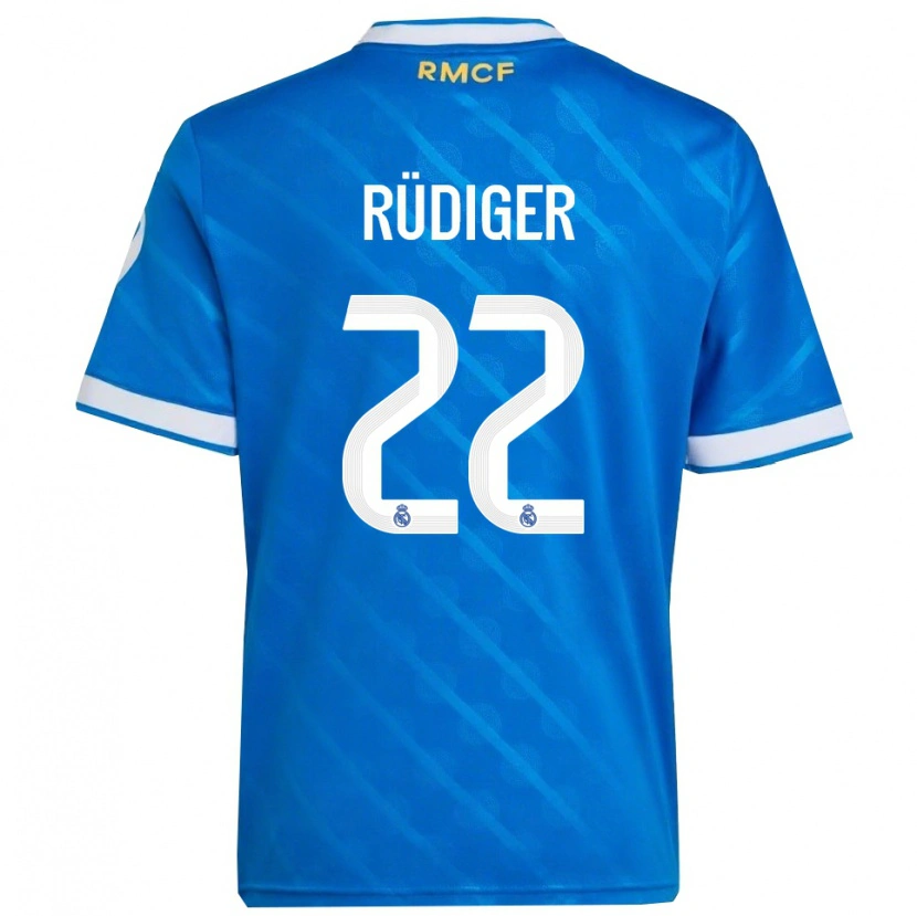 Danxen Enfant Maillot Antonio Rüdiger #22 Bleu Blanc Troisieme 2025/26 T-Shirt