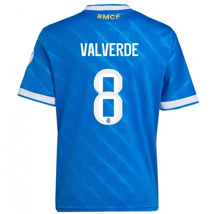 Danxen Enfant Maillot Federico Valverde #8 Bleu Blanc Troisieme 2025/26 T-Shirt