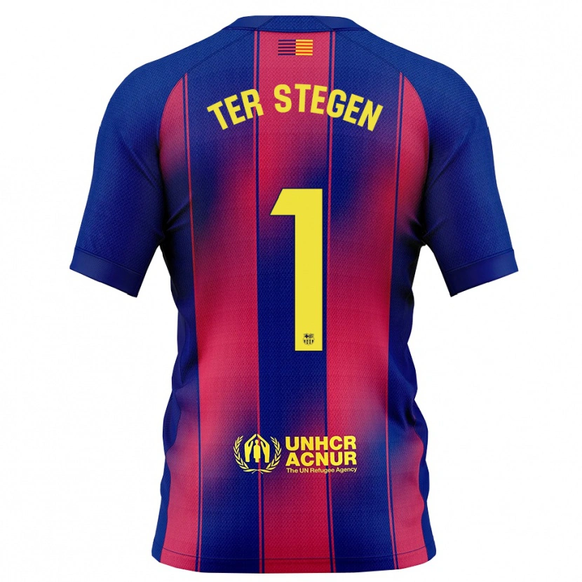 Danxen Homme Maillot Marc-André Ter Stegen #1 Bleu Rouge Tenues Domicile 2025/26 T-Shirt
