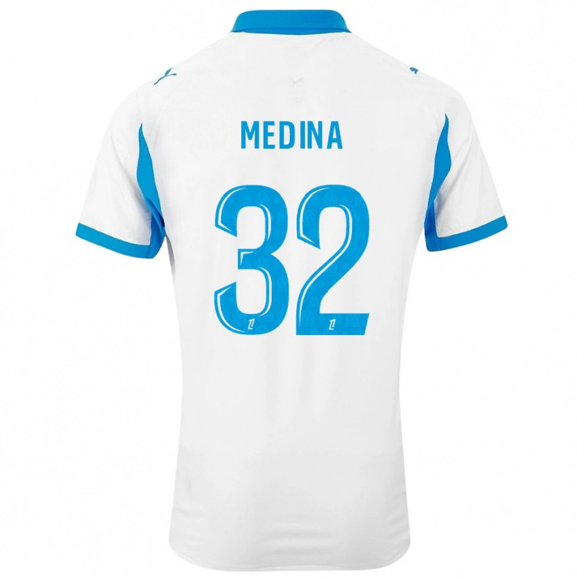 Danxen Homme Maillot Facundo Medina #32 Blanc Bleu Ciel Tenues Domicile 2025/26 T-Shirt