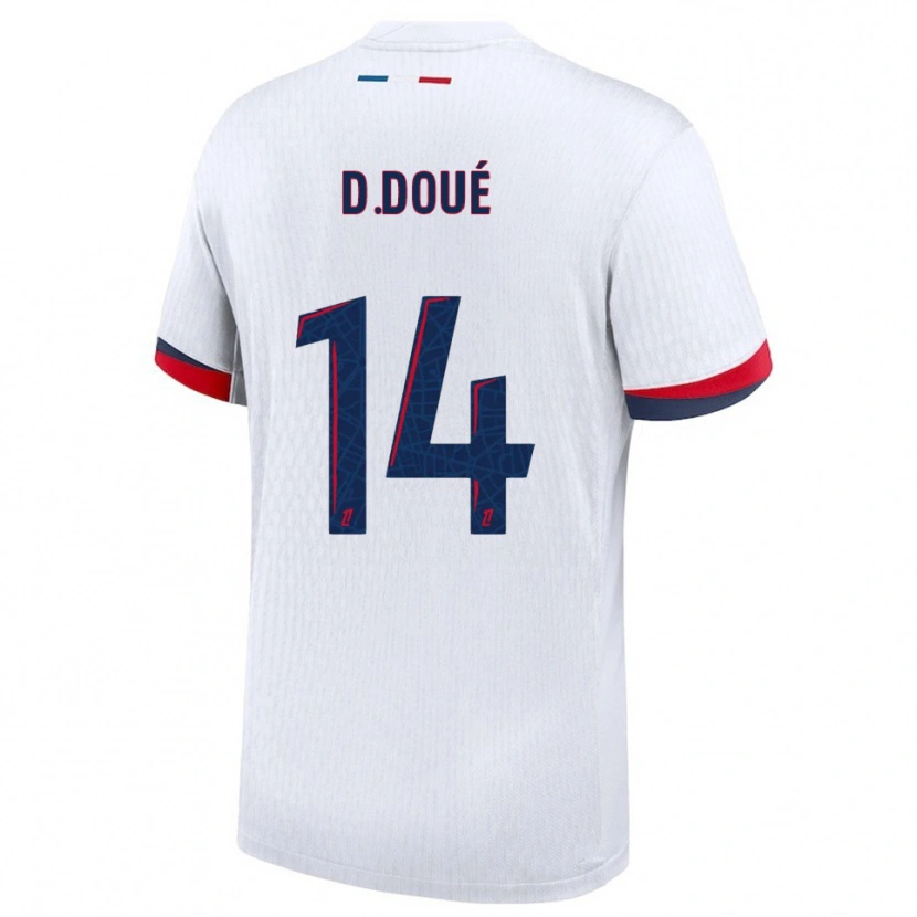 Danxen Homme Maillot Désiré Doué #14 Blanc Rouge Tenues Extérieur 2025/26 T-Shirt