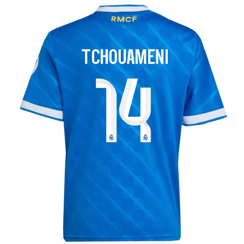 Danxen Homme Maillot Aurélien Tchouaméni #14 Bleu Blanc Troisieme 2025/26 T-Shirt