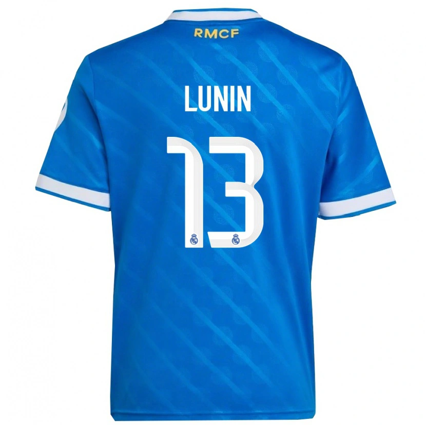 Danxen Femme Maillot Andriy Lunin #13 Bleu Blanc Troisieme 2025/26 T-Shirt