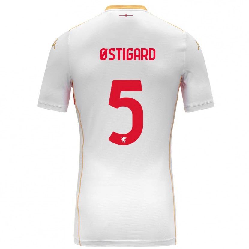Danxen Enfant Maillot Leo Østigård #5 Blanc Rouge Tenues Extérieur 2025/26 T-Shirt
