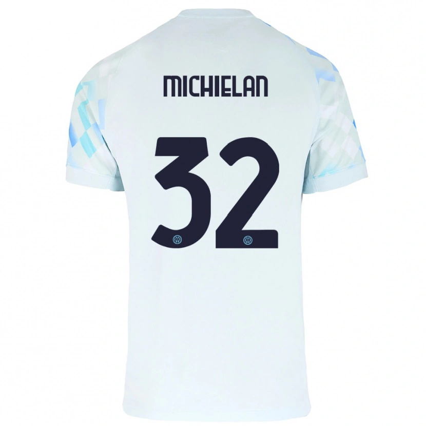 Danxen Enfant Maillot Mattia Michielan #32 Blanc Bleu Tenues Extérieur 2025/26 T-Shirt