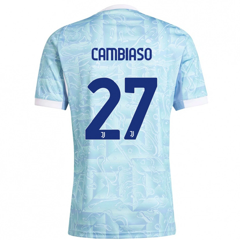 Danxen Enfant Maillot Andrea Cambiaso #27 Bleu Ciel Jaune Tenues Extérieur 2025/26 T-Shirt
