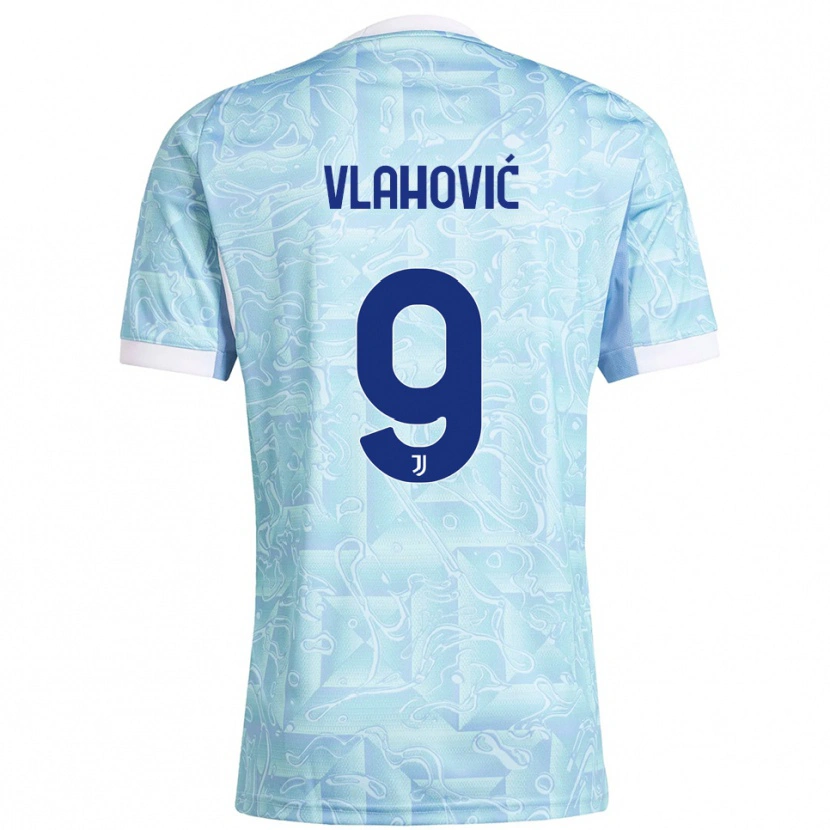 Danxen Enfant Maillot Dušan Vlahović #9 Bleu Ciel Jaune Tenues Extérieur 2025/26 T-Shirt