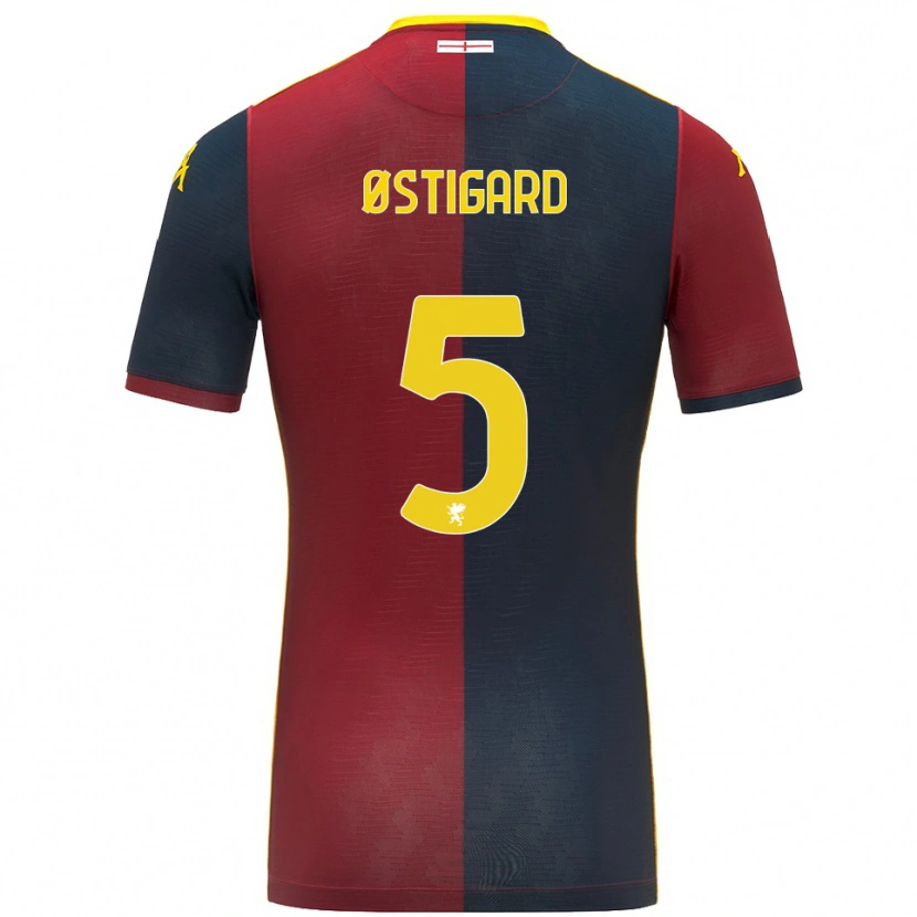 Danxen Homme Maillot Leo Østigård #5 Rouge Bleu Roi Tenues Domicile 2025/26 T-Shirt