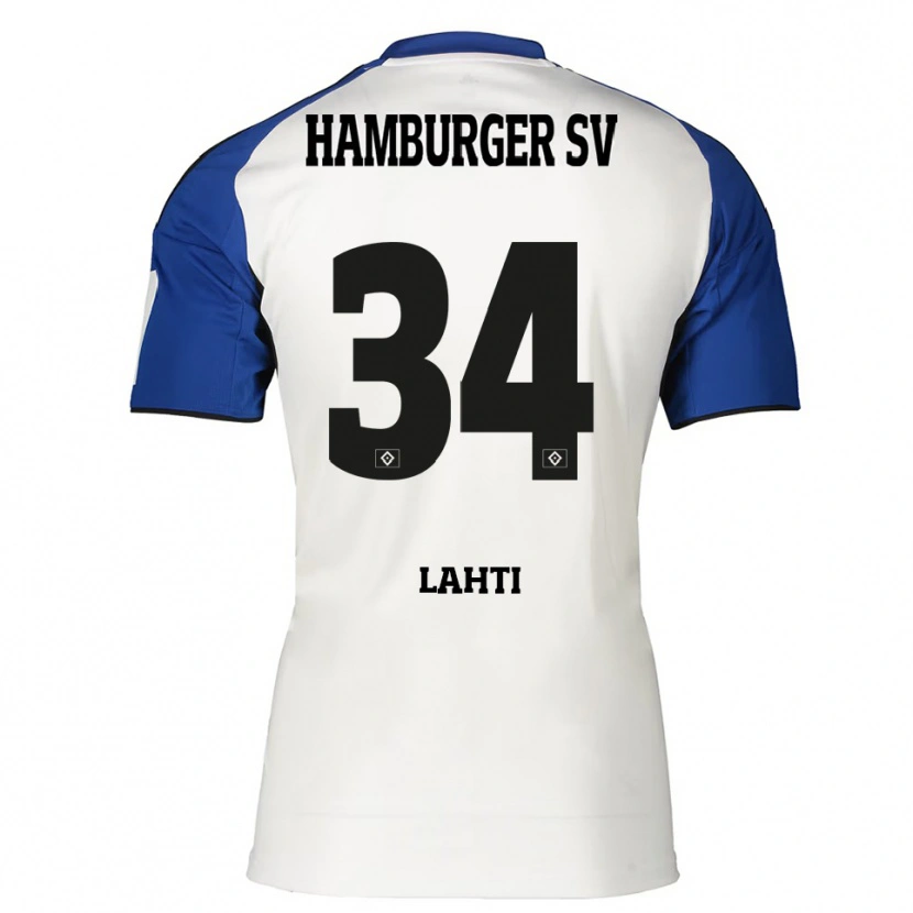 Danxen Homme Maillot Elias Lahti #34 Blanc Bleu Tenues Domicile 2025/26 T-Shirt