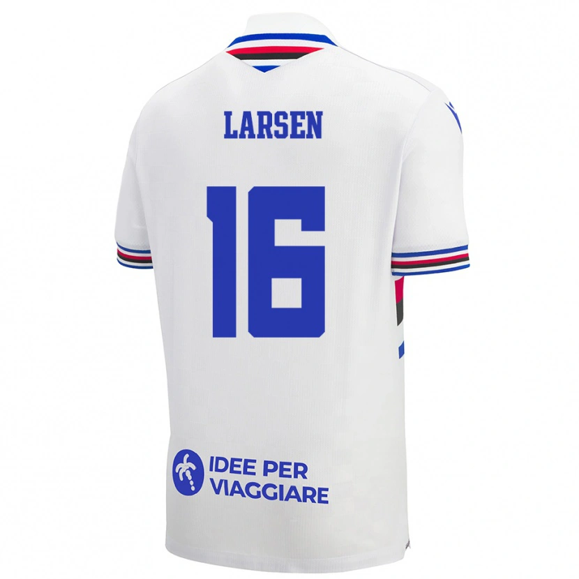 Danxen Enfant Maillot Kathrine Østergaard Larsen #16 Blanc Bleu Rouge Tenues Extérieur 2025/26 T-Shirt