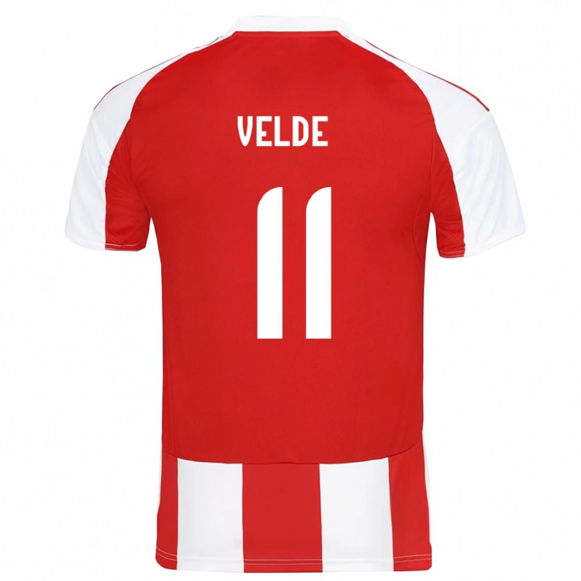 Danxen Femme Maillot Kristoffer Velde #11 Rouge Blanc Tenues Domicile 2025/26 T-Shirt
