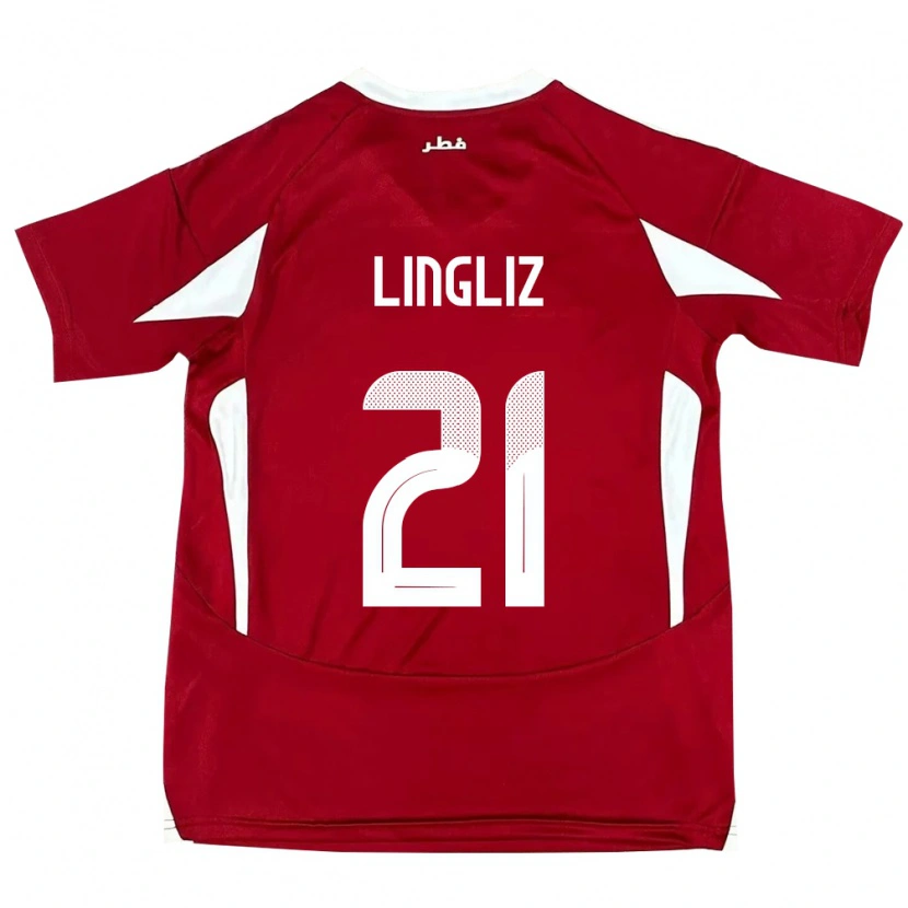 Danxen Enfant Maillot Qatar Mohamed Lingliz #21 Rouge Tenues Domicile 24-26 T-Shirt
