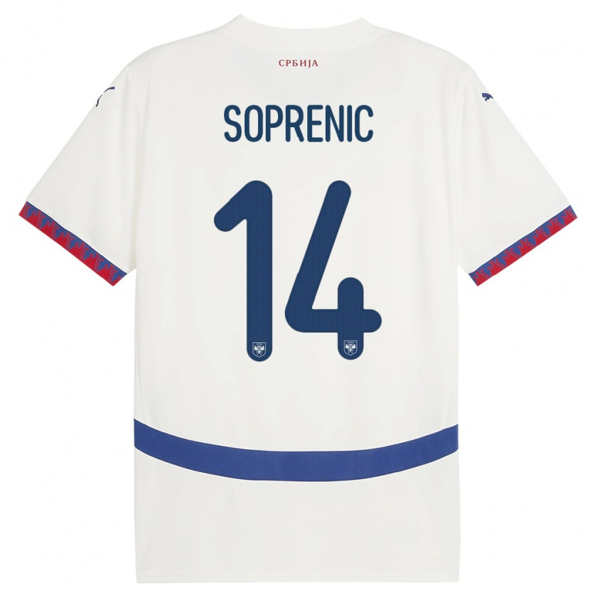 Danxen Enfant Maillot Serbie Milos Soprenic #14 Blanc Tenues Extérieur 24-26 T-Shirt