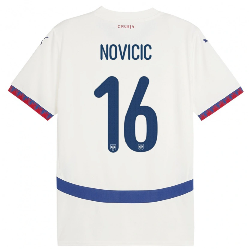 Danxen Enfant Maillot Serbie Vasilije Novicic #16 Blanc Tenues Extérieur 24-26 T-Shirt