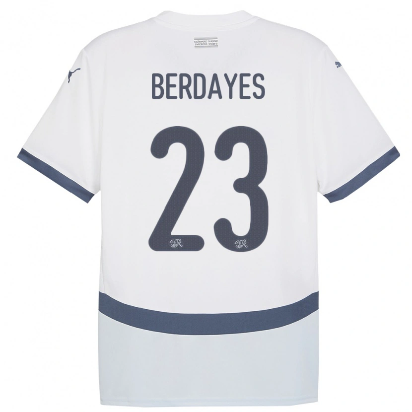 Danxen Enfant Maillot Suisse Théo Berdayes #23 Blanc Tenues Extérieur 24-26 T-Shirt