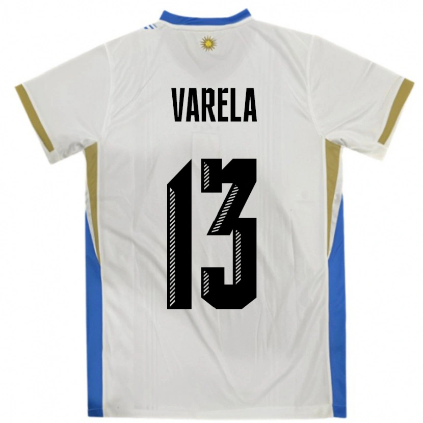 Danxen Enfant Maillot Uruguay Guillermo Varela #13 Blanc Bleu Tenues Extérieur 24-26 T-Shirt