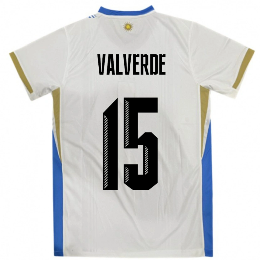 Danxen Enfant Maillot Uruguay Federico Valverde #15 Blanc Bleu Tenues Extérieur 24-26 T-Shirt