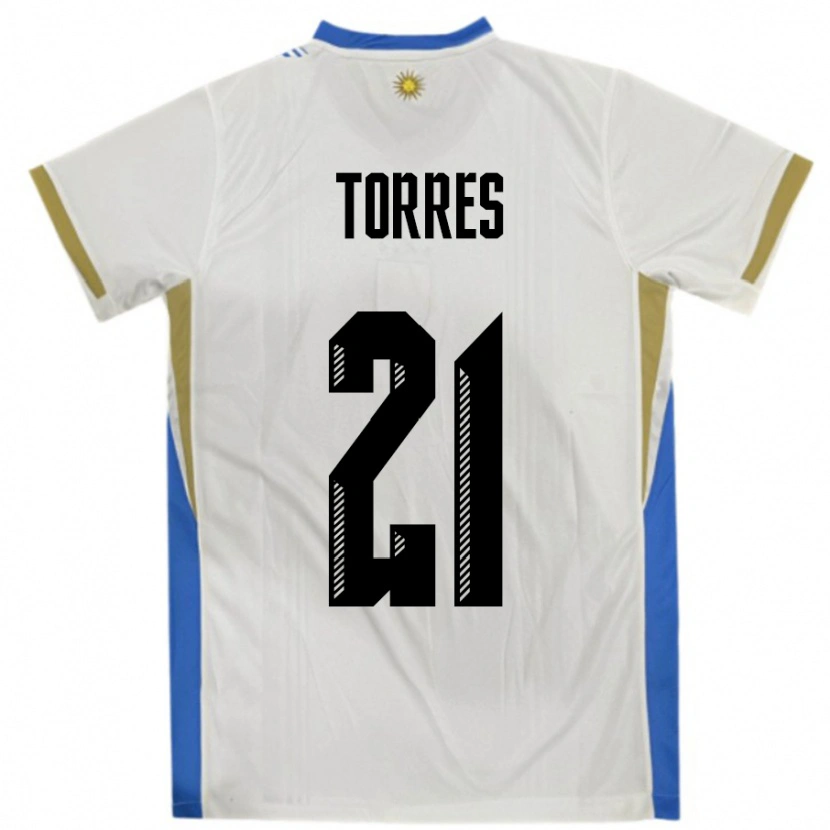 Danxen Enfant Maillot Uruguay Facundo Torres #21 Blanc Bleu Tenues Extérieur 24-26 T-Shirt