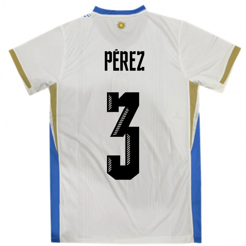 Danxen Enfant Maillot Uruguay Nicolás Pérez #3 Blanc Bleu Tenues Extérieur 24-26 T-Shirt