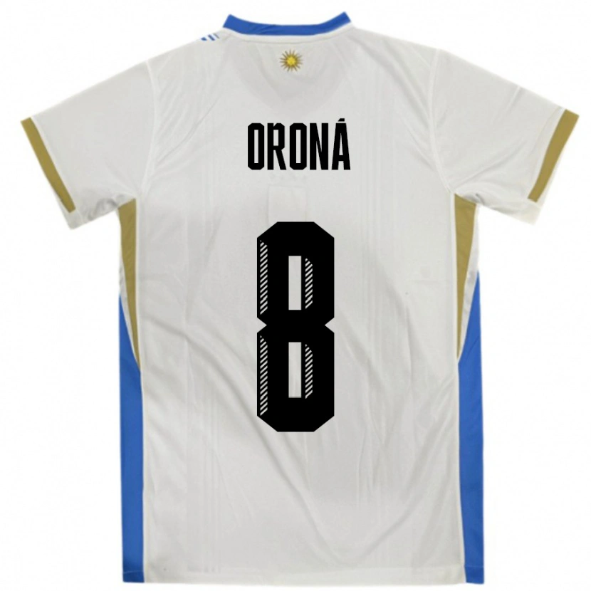 Danxen Enfant Maillot Uruguay Marco Oroná #8 Blanc Bleu Tenues Extérieur 24-26 T-Shirt