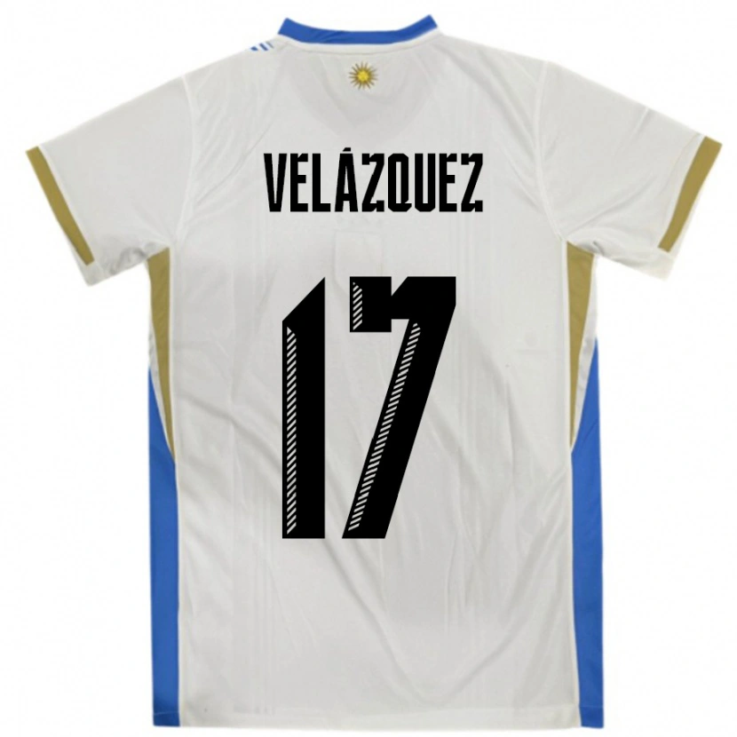 Danxen Enfant Maillot Uruguay Ezequiel Velázquez #17 Blanc Bleu Tenues Extérieur 24-26 T-Shirt