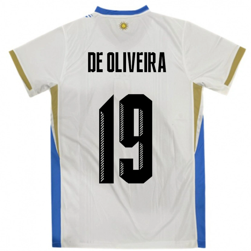 Danxen Enfant Maillot Uruguay Emiliano De Oliveira #19 Blanc Bleu Tenues Extérieur 24-26 T-Shirt