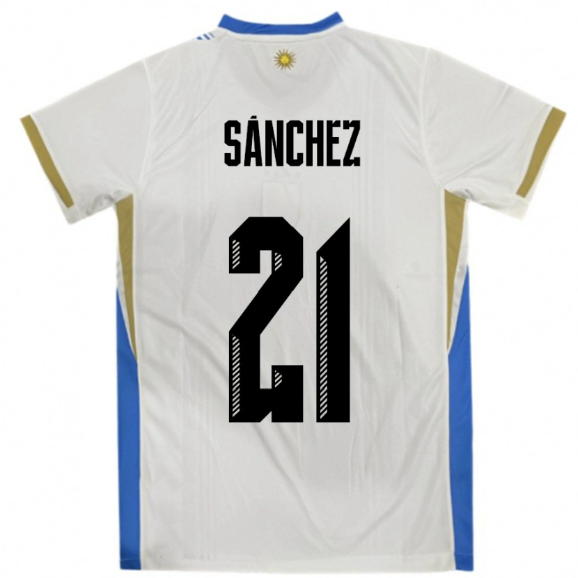 Danxen Enfant Maillot Uruguay Renzo Sánchez #21 Blanc Bleu Tenues Extérieur 24-26 T-Shirt
