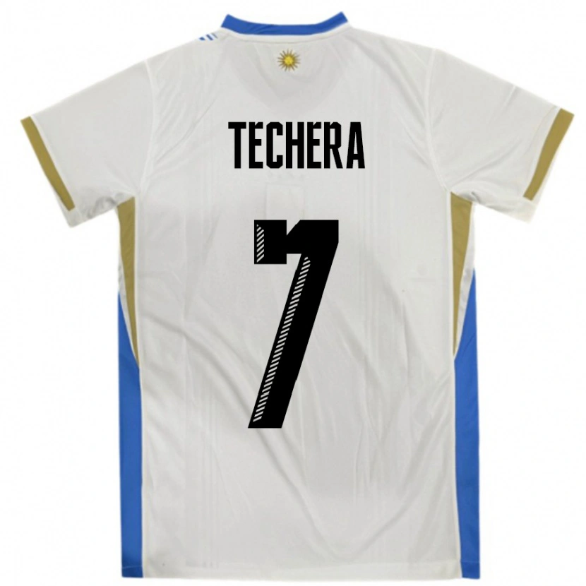 Danxen Enfant Maillot Uruguay Facundo Techera #7 Blanc Bleu Tenues Extérieur 24-26 T-Shirt