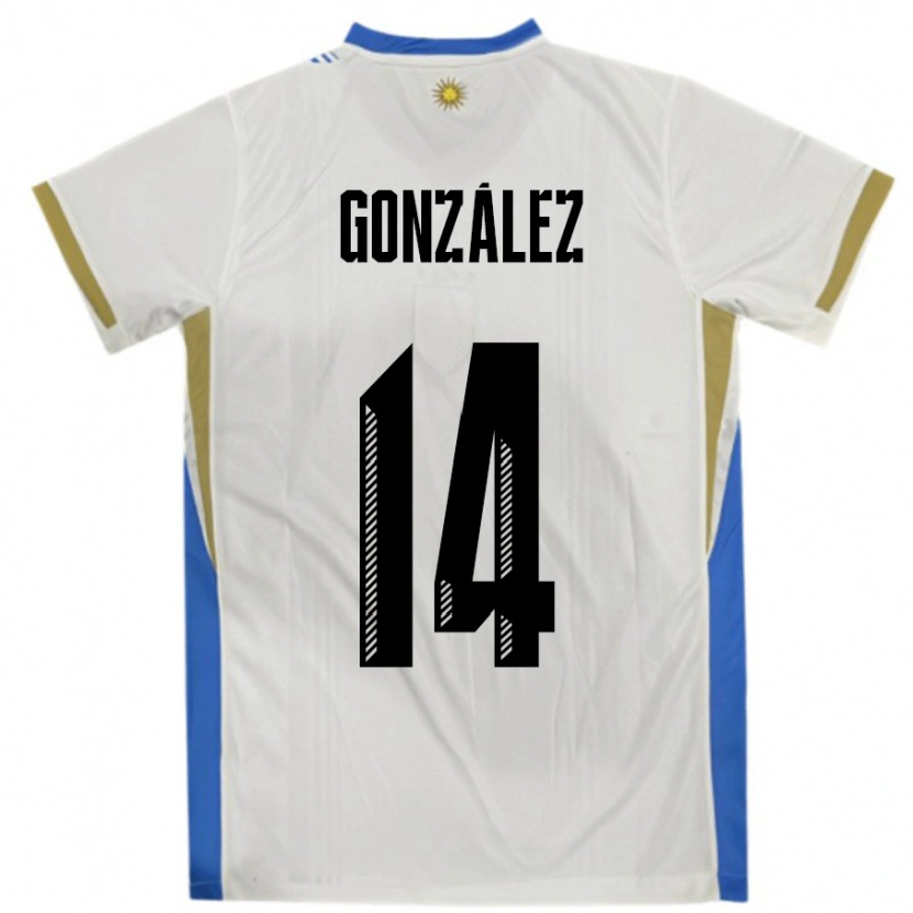 Danxen Enfant Maillot Uruguay Pilar Gonzalez #14 Blanc Bleu Tenues Extérieur 24-26 T-Shirt