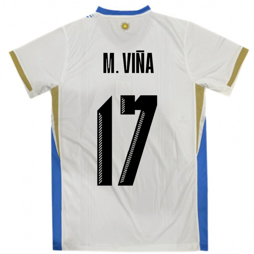 Danxen Enfant Maillot Uruguay Matias Vina #17 Blanc Bleu Tenues Extérieur 24-26 T-Shirt