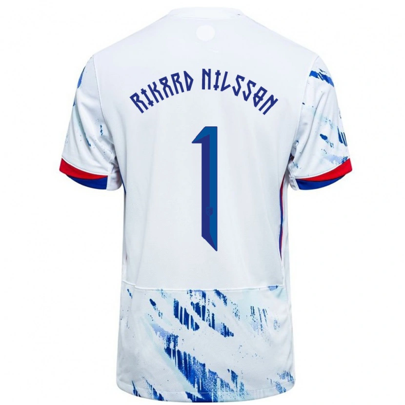 Danxen Enfant Maillot Norvège Oskar Rikard Nilsson #1 Blanc Bleu Tenues Extérieur 24-26 T-Shirt