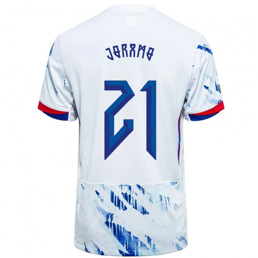 Danxen Enfant Maillot Norvège Emilie Joramo #21 Blanc Bleu Tenues Extérieur 24-26 T-Shirt