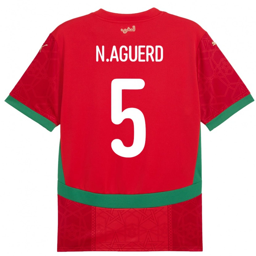 Danxen Homme Maillot Maroc Nayef Aguerd #5 Rouge Tenues Domicile 24-26 T-Shirt