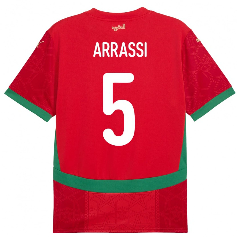 Danxen Homme Maillot Maroc Bouchaib Arrassi #5 Rouge Tenues Domicile 24-26 T-Shirt