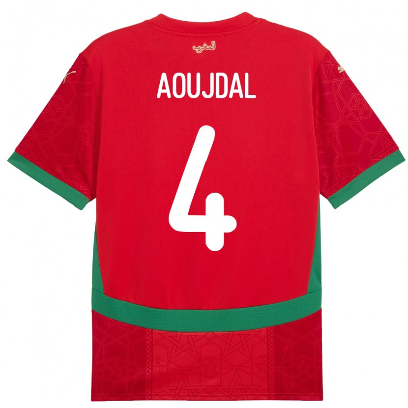 Danxen Homme Maillot Maroc Youssef Aoujdal #4 Rouge Tenues Domicile 24-26 T-Shirt