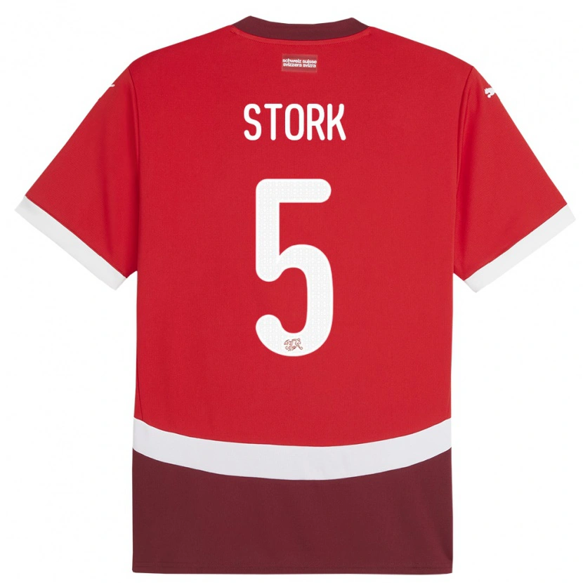 Danxen Homme Maillot Suisse Gian Stork #5 Rouge Tenues Domicile 24-26 T-Shirt