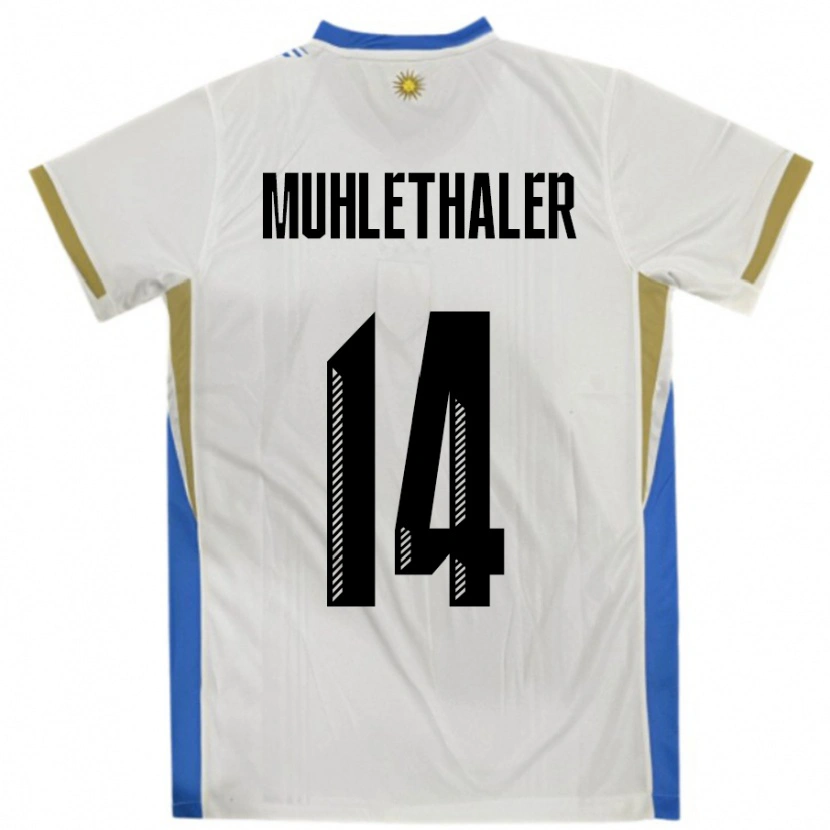 Danxen Homme Maillot Uruguay Stiven Muhlethaler #14 Blanc Bleu Tenues Extérieur 24-26 T-Shirt