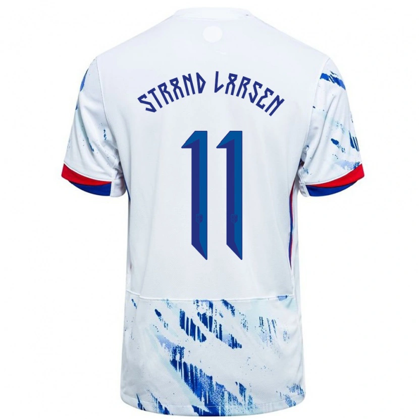 Danxen Homme Maillot Norvège Jørgen Strand Larsen #11 Blanc Bleu Tenues Extérieur 24-26 T-Shirt