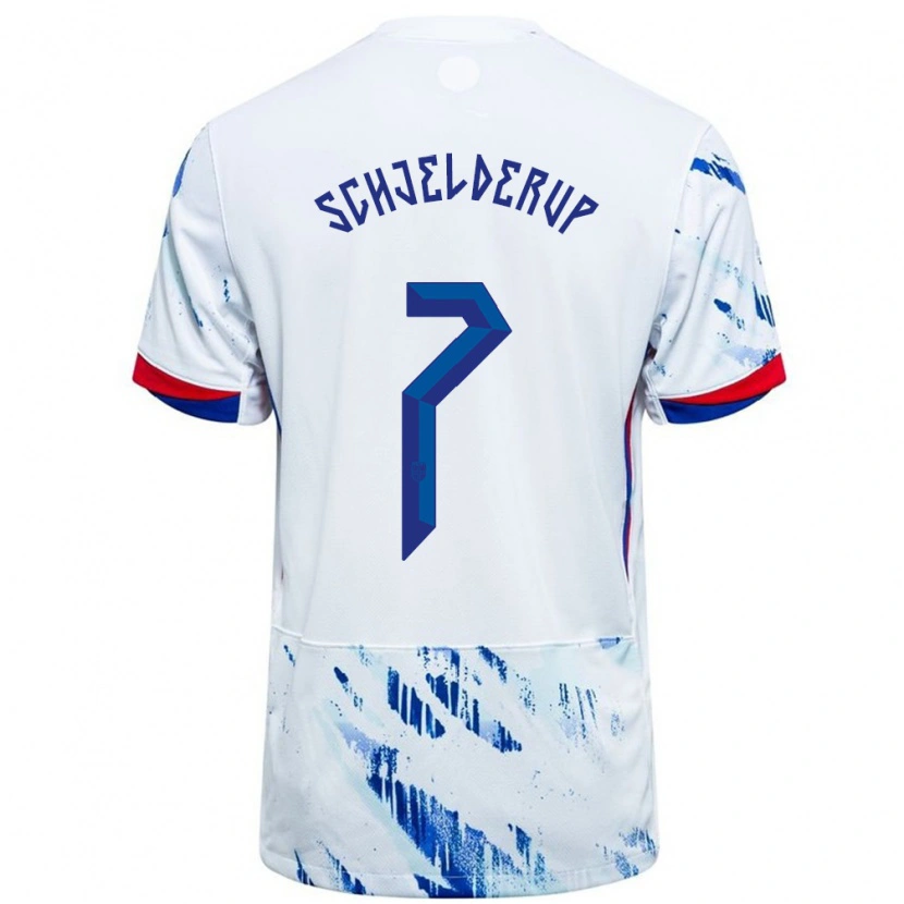 Danxen Homme Maillot Norvège Andreas Schjelderup #7 Blanc Bleu Tenues Extérieur 24-26 T-Shirt