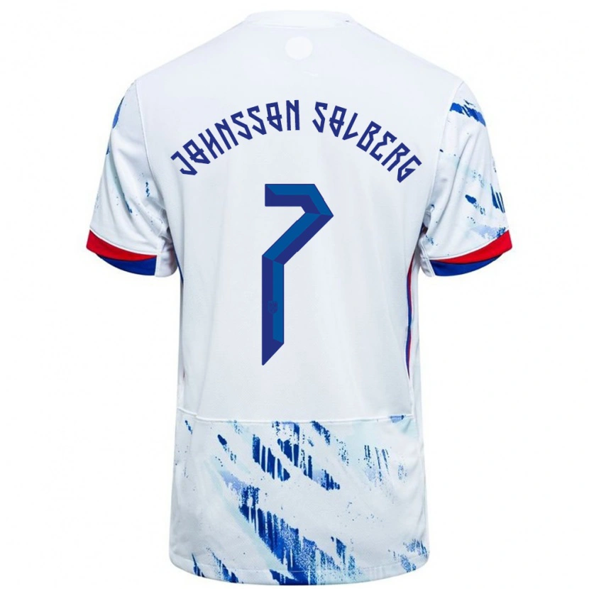 Danxen Homme Maillot Norvège Elias Johnsson Solberg #7 Blanc Bleu Tenues Extérieur 24-26 T-Shirt