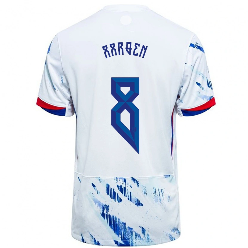 Danxen Homme Maillot Norvège Isak Hansen-Aarøen #8 Blanc Bleu Tenues Extérieur 24-26 T-Shirt