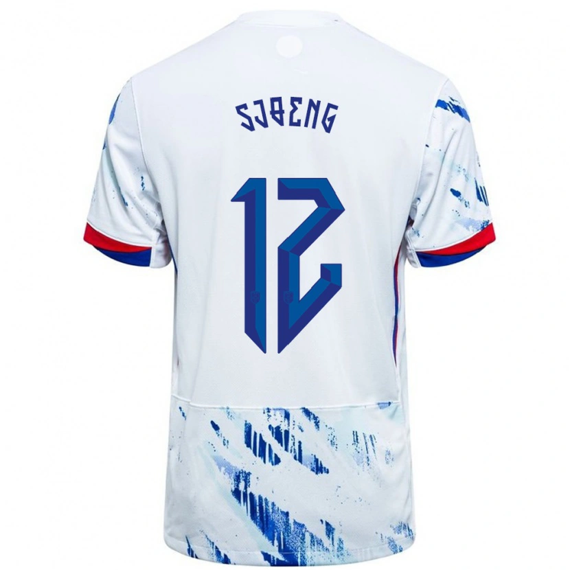 Danxen Homme Maillot Norvège Magnus Sjøeng #12 Blanc Bleu Tenues Extérieur 24-26 T-Shirt