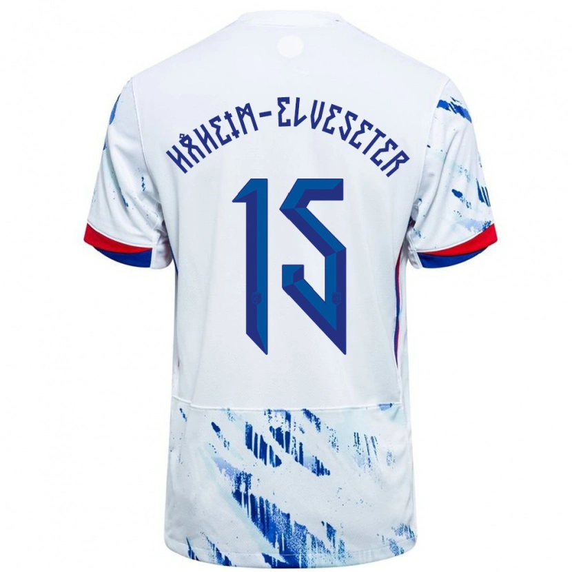 Danxen Homme Maillot Norvège Martin Håheim-Elveseter #15 Blanc Bleu Tenues Extérieur 24-26 T-Shirt