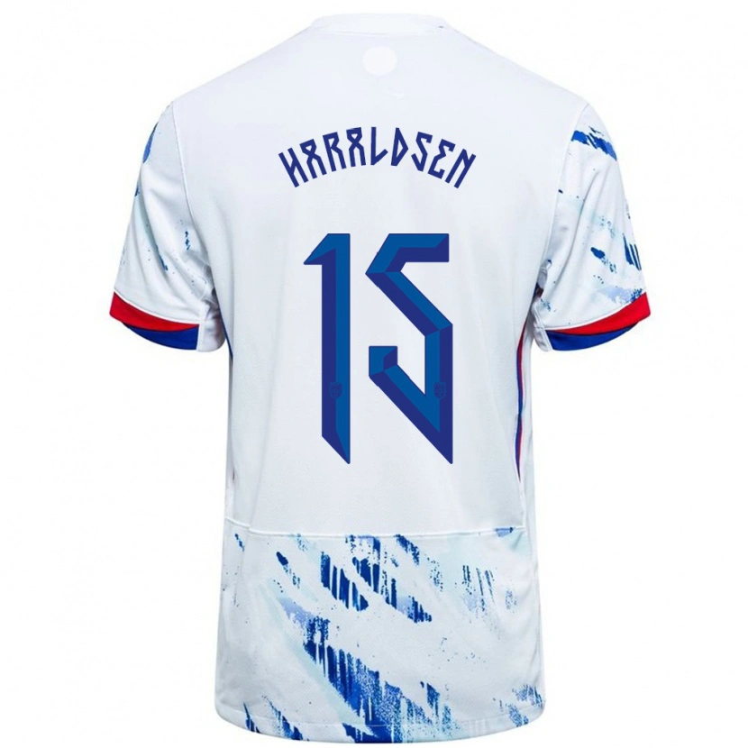 Danxen Homme Maillot Norvège Henrik Haraldsen #15 Blanc Bleu Tenues Extérieur 24-26 T-Shirt