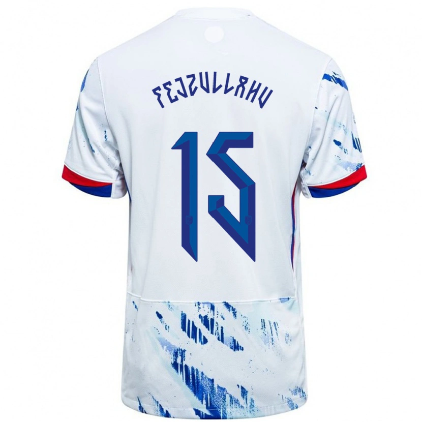 Danxen Homme Maillot Norvège Arigon Fejzullahu #15 Blanc Bleu Tenues Extérieur 24-26 T-Shirt
